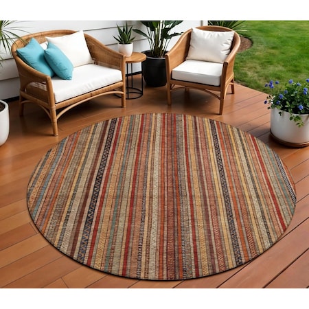 Homeroots 8' Rust Taupe And Gray Round Striped Washable Indoor Outdoor Area Rug 616384