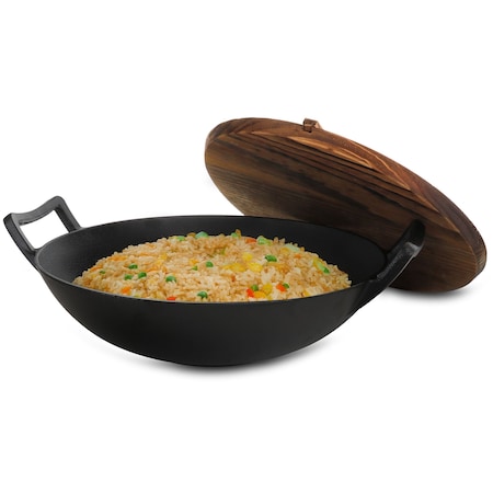 Megachef 2 Piece 14 Inch Heavy Duty Cast Iron Wok with Wood Lid MCCI-800