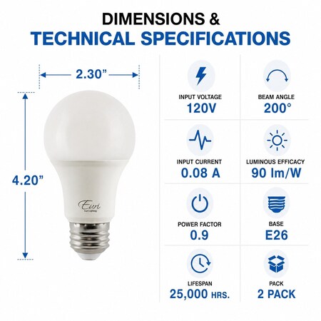 Euri Lighting A19 LED Bulbs, 9W, 810 lm, 60W Eq., 3000K, E26, CEC/JA8, UL, 2PK EA19-9W5000CEC-2
