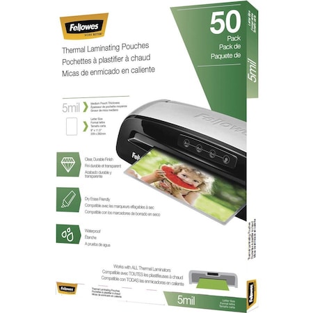 Fellowes QUALITY LAMINATING POUCHES PROVIDE CLARITY AND DURABILITY. PRESERVE AND PROTECT 5744501