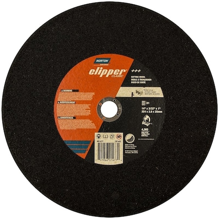 Norton Clipper Abrasive Cut-Off Wheel, Type 1, 14 in Dia, 3/32 in Thick, 1 in Arbor Hole Size, Aluminum Oxide 70184601477