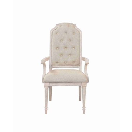 Homeroots Tufted Antiqued White and Champagne Upholstered Fabric And Solid Wood Dining Arm Chairs, 2PK 573404