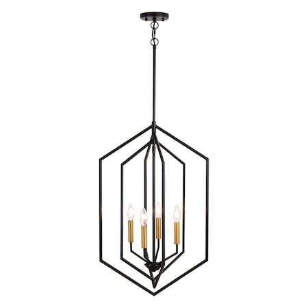 Vaxcel Riley 4 Light Black and Satin Brass Contemporary Geometric Cage Pendant Light P0388