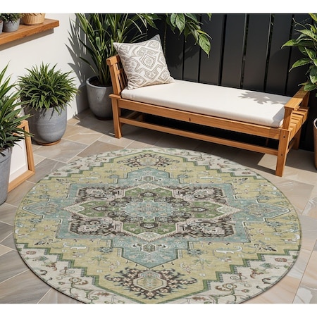 Homeroots 8' Beige Green And Brown Round Oriental Washable Indoor Outdoor Area Rug 600134