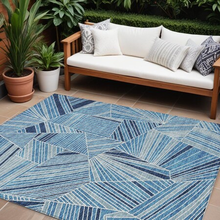 Homeroots 8' X 10' Blue And Teal Blue Geometric Washable Indoor Outdoor Area Rug 594770