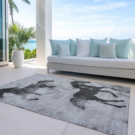 Homeroots 3' X 5' Gray And Charcoal Horse Washable Indoor Outdoor Area Rug 618655