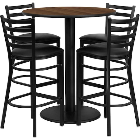 Flash Furniture Round Walnut Bar Table, Round w/Black Seats, 36", 36" L, 36" W, 42" H, Laminate Top, Wood Grain MD-0011-GG