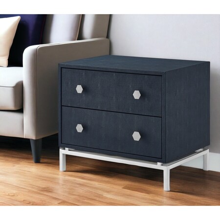 Homeroots 21" Navy Blue and Silver Faux Leather Wood and Stainless Steel End Table With Two Drawers 544090