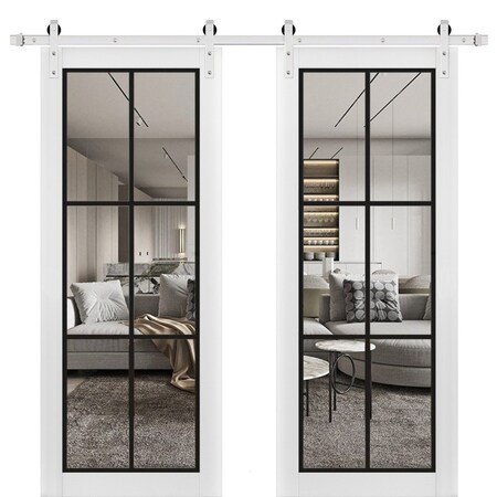 Sartodoors Sturdy Double Barn Door with Clear Glass, Lucia 2366 White Silk and Aluminum Strips, 13FT Rail Han LUCIA2366DB-S-WS-64 x 80 (2* 32x80)