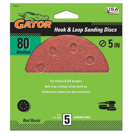 Gator Finishing Red Resin 5 in. Hook and Loop Sanding Discs, 80 Grit, Medium, 5PK 3724