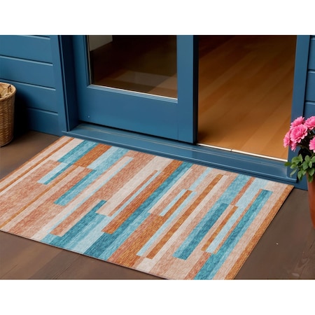 Homeroots 3' X 5' Orange Teal Blue And Salmon Striped Washable Indoor Outdoor Area Rug 613308
