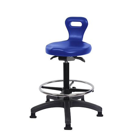 Blue Ridge Ergonomics Poly Serpent Sit-Stand Stool-Medium Bench Ht with Chrome Foot Ring & Stationary Glides in Blue Poly PSPMBSO-RG-CF-RG-BLU