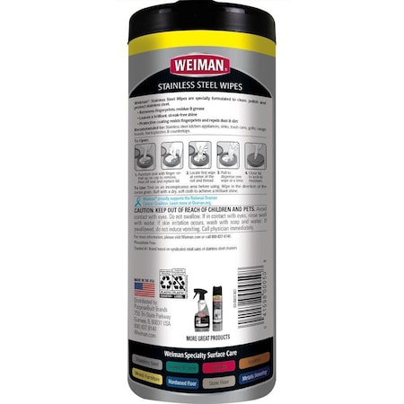 Weiman Stainless Steel Wipes, 7'' x 8'', 30 Sheets 92A