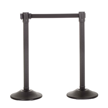 Black Plastic Stanchion for Crowd Control with 11' Retractable Black Barrier Belt, 2PK