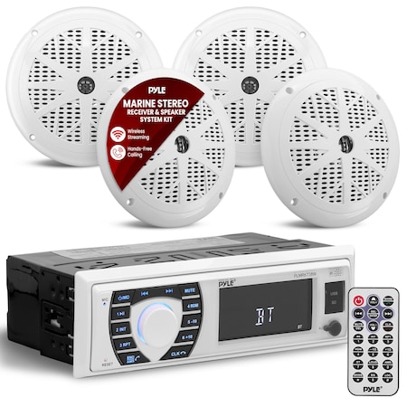 Pyle Pyle Marine Radio Receiver Speaker Set, 12V Bluetooth, Waterproof, 4 Speakers, Remote, White PLMRKT38W