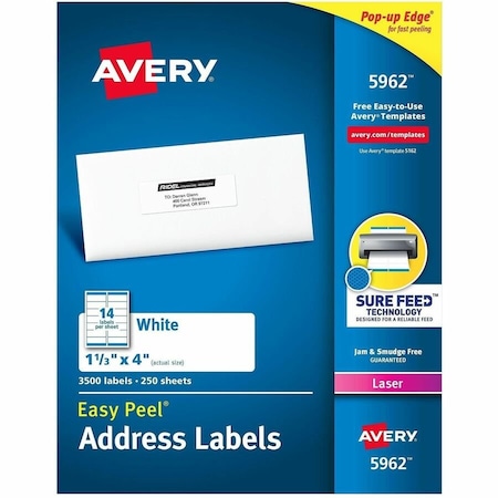 Avery Easy Peel Laser Address Labels, 1-1/3 x 4, White, 3500/Box 5962