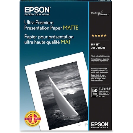 Epson Ultra Premium Matte Presentation Paper, White, 11-3/4in x 16-1/2', 50 Sheets/Pack S041343