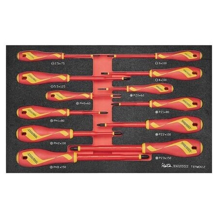 Teng Tools 12 Piece 1000 Volt Insulated Flat, Phillips Ph, Pozidriv Pz Screwdriver Eva Foam Tray TEFMDV12