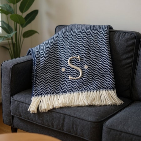 Homeroots 55" X 70" Navy Blue White Herringbone Cotton Blend S Initial Throw Blanket with Tassels Embroidery 680218