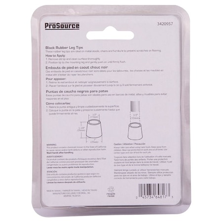 Prosource Furniture Leg Tip, Round, Rubber, Black, 1/2 in Dia, 1-1/8 in H FE-50632-PS