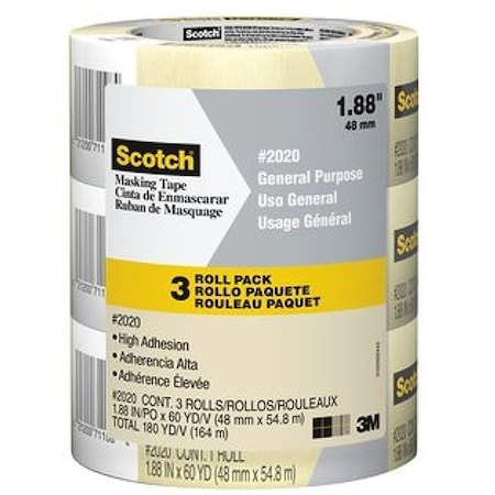 Scotch 2020-48ECP Masking Tape, 60 yd L, 1.89 in W, Crepe Paper Backing, Tan 2020-48EP3