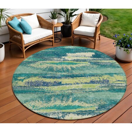 Homeroots 8' Emerald And Lime Green Round Abstract Washable Indoor Outdoor Area Rug 612499