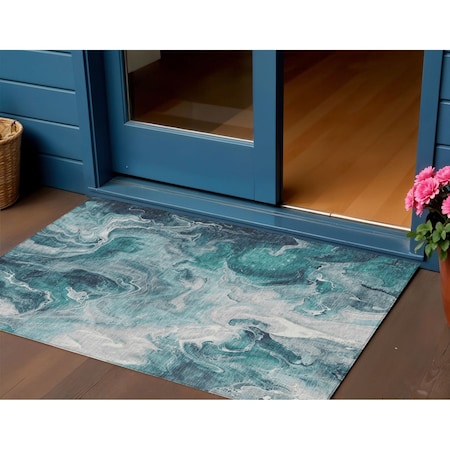 Homeroots 3' X 5' Teal Blue And Ivory Abstract Washable Indoor Outdoor Area Rug 617800