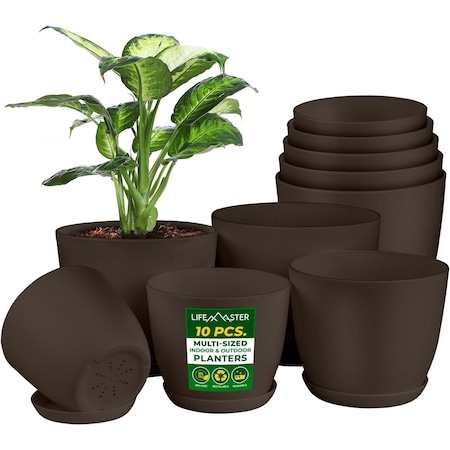 Lifemaster Planter Pots with Drainage Holes, Durable, Lightweight, Modern Design, Brown, 10PK LMFLOPBRN510
