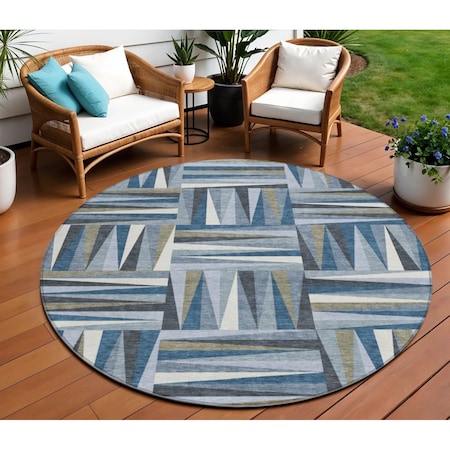 Homeroots 8' Denim Blue Gray And Ivory Round Geometric Washable Indoor Outdoor Area Rug 598252