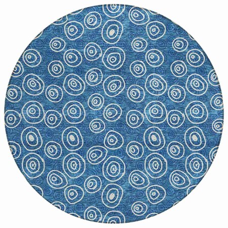 Homeroots 8' Navy Blue And Ivory Round Geometric Washable Indoor Outdoor Area Rug 583338
