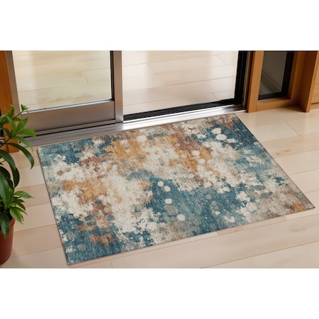 Homeroots 3' X 5' Teal Blue And Copper Abstract Washable Indoor Outdoor Area Rug 631975