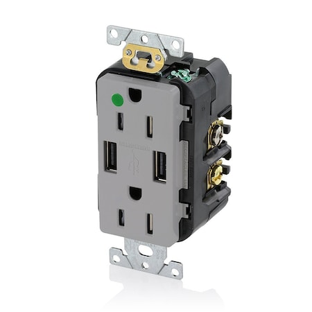 Leviton USB Charger/Duplex Tamper-Resistant Receptacle, Hospital Grade, 3.6/15 Amp, 125 Volt, Gray T5632-HGG