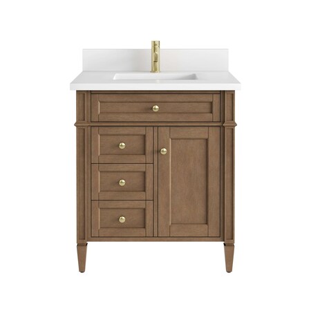 James Martin Vanities Brittany 30" Sgl Vanity, Pecan w/ Sgl Hole 3 CM White Zeus Silestone Top and Matching Backsplash 655-V30-PCN-1WZ