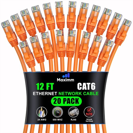 Maximm Cat6 Ethernet Cable 12ft 10Gbps 550MHz UTP, 20PK, Orange, 20PK CAT6CCA-12OR-20PK