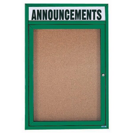 Aarco Enclosed Natural Pebble Grain Cork Bulletin Board, Header Green Powder Coated Al Frame, 24''Hx18''W DCC2418RHG