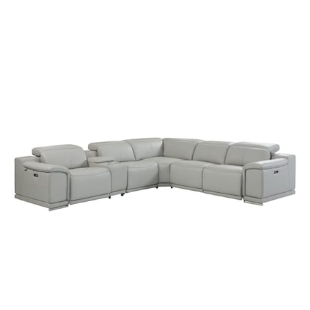 Homeroots Light Gray Italian Leather Power Reclining U Shaped Six Piece Corner Sectional With Console 476589
