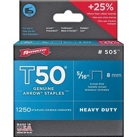 Arrow Lock T50 Series Staple, 3/8 in W Crown, 5/16 in L Leg, 4PK 50524