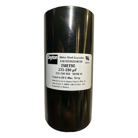 Dayton Motor Start Capacitor, 220 to 250V AC, 216-259 mfd, Round, 4 3/8 in Case Ht, 2 1/16 in Dia 2MET9
