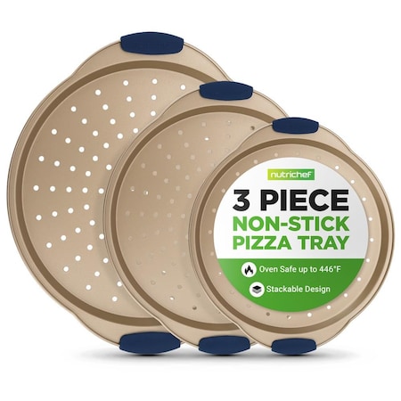 Nutrichef 3-Piece Pizza Tray Set with Silicone Handles NCPZPN3GD