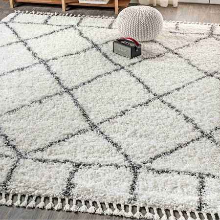 Jonathan Y Mercer Shag Plush Tassel Moroccan Geometric Trellis Ivory/Gray 3 ft. x 5 ft. Area Rug MCR101B-3
