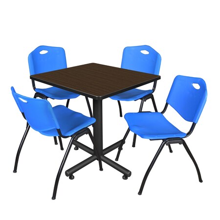 Regency Square Kobe Breakroom Table W/ 4 M Stack Chairs, 30 in W, 30 in L, Neo Walnut TKB3030NW47BE