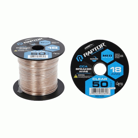 Raptor 50 Feet Audio Stereo Speaker Wire Cable 18-Gauge-Clear RSW18-50