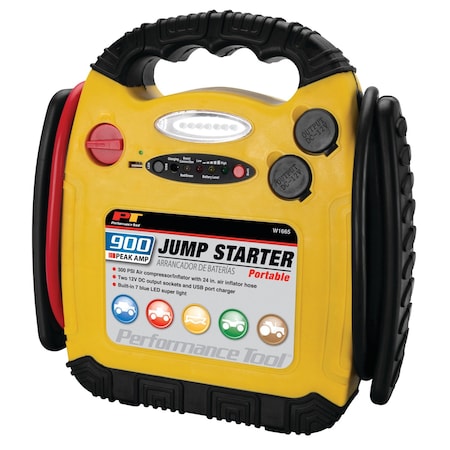 Performance Tool Jump Starter with Inflator, 900A, Air Compressor, Light, Battery Indicator W1665