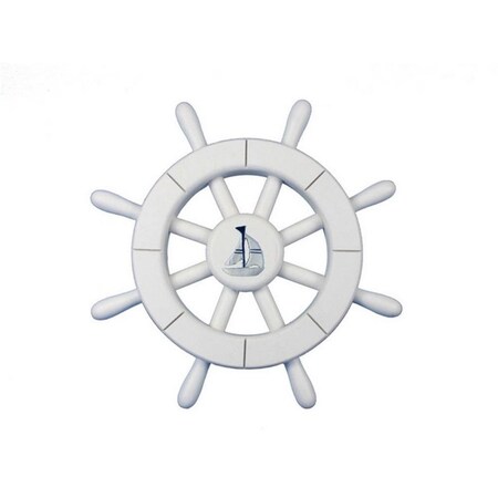 Handcrafted Decor White Decorative Ship Wheel with Sailboat- 12 in. New-White-SW-12-Sailboat