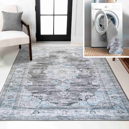 Jonathan Y Bausch Bohemian Distressed Chenille Non-Slip Machine-Washable Dark Gray/Blue 4 ft. x 6 ft. Area Rug WSH201D-4