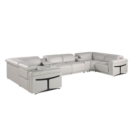 Homeroots Light Gray Italian Leather Power Reclining U Shaped Eight Piece Corner Sectional With Console 634665