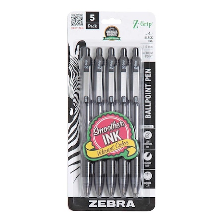 Zebra Pen Z-Grip Retractable Ballpoint 1.0mm Black 5pk 22215