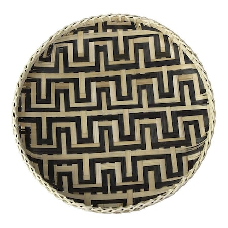 Homeroots 13in Black And Natural Round Wicker Greek Key Handmade Tray With Handles 476490