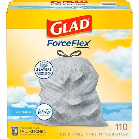 Glad ForceFlex Tall Kitchen Trash Bag, 13 gal, Polyethylene Resin, Gray, 110PK 78554