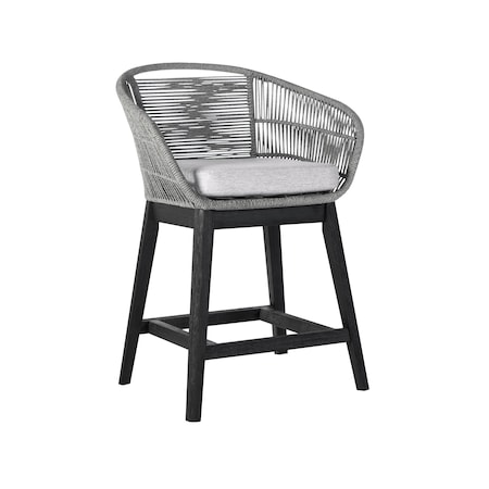 Homeroots 38" Light Gray Solid Wood Low back Outdoor Bar Height chair with Footrest 490214